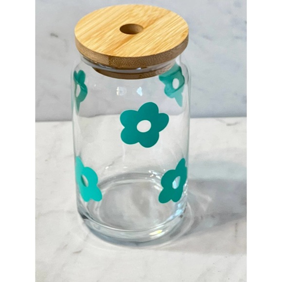 16 oz Glass Beer Can Aqua Flower Cold Brew Cup - Picture 6 of 8